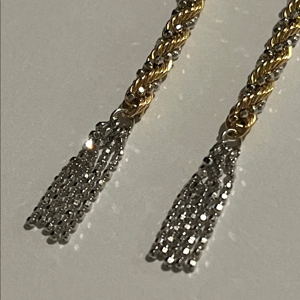 14K Yellow Gold + White Gold Twisted Rope Tassel Earrings, solid gold - Picture 5 of 17